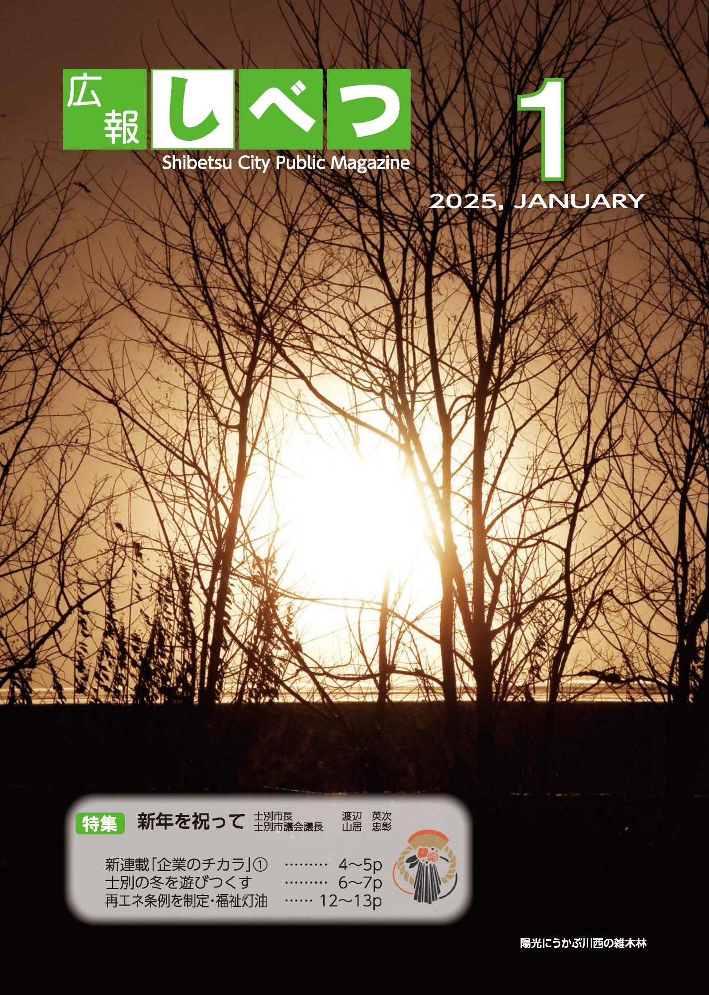士別市広報1月号の表紙画像。川西の雑木林から見える日の出を写した写真。