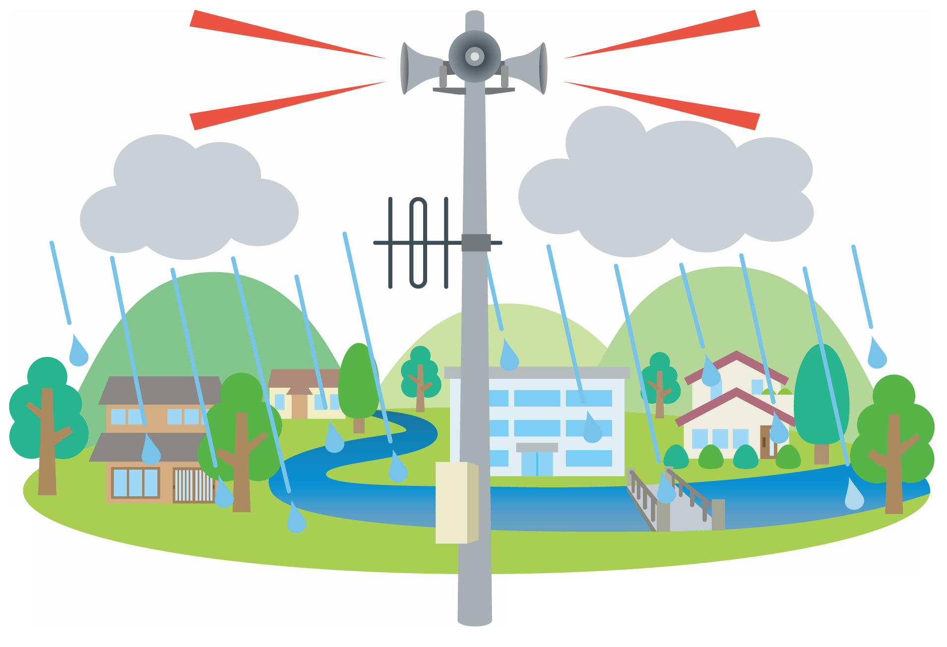 雨の中、屋外の電柱の上に設置された防災無線から音声が流れている様子を示したイラスト。