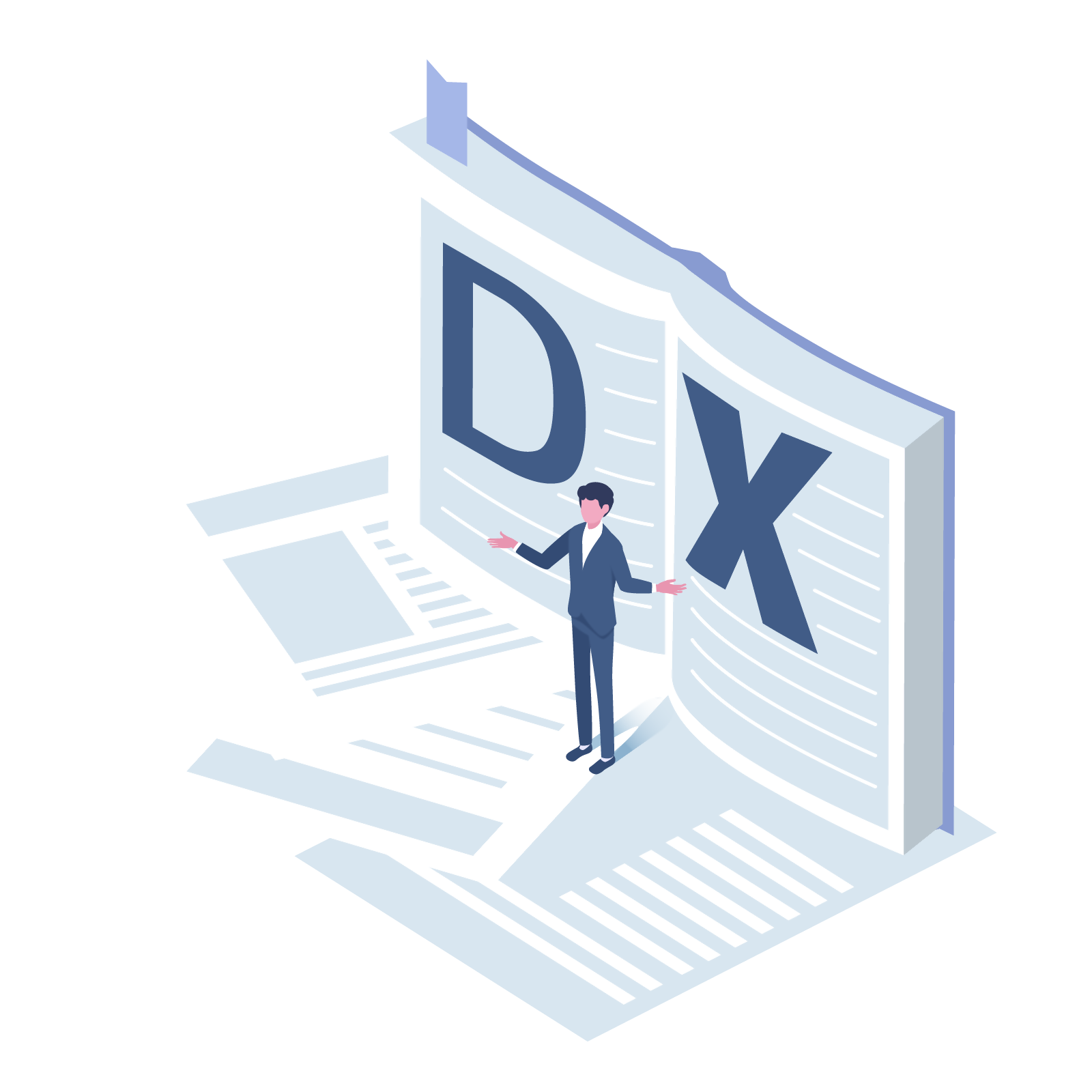 でっかいDXと書かれている本の前に人間が立っている