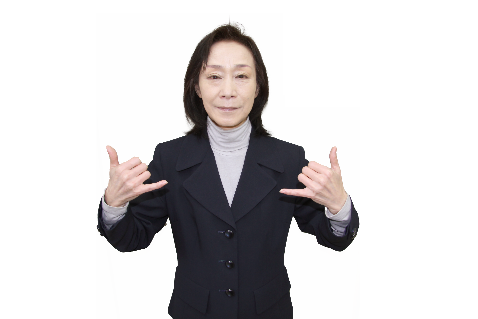 人々を手話で表している.両手の親指と小指を立てて、手の甲を相手側に向けて両側に引く