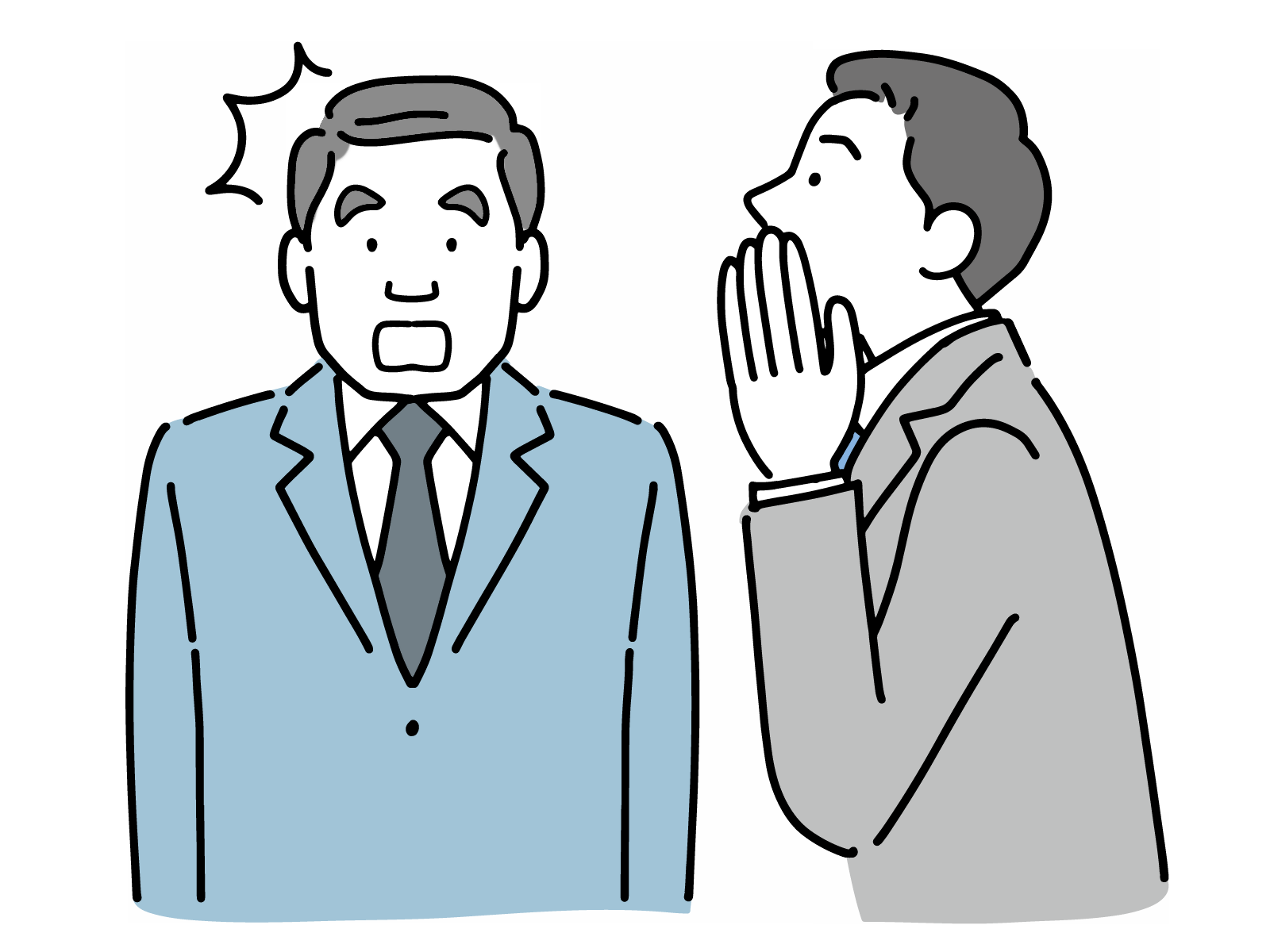 若い男の人が年配の男性の人に秘密を言って年配の人が驚いている様子