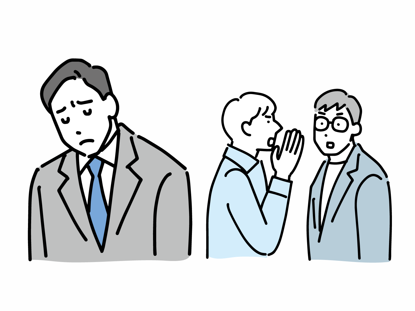 秘密をカミングアウトされた人が他の人に秘密をしゃべっている様子。その様子をカミングアウトした人が見ている