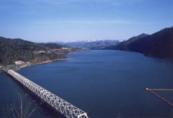周りを自然に囲まれた、大きな湖の手前に橋が架かっている岩尾内湖を上空から撮影した写真