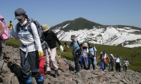 後方の山に薄っすら雪が積もっている山の岩場を縦一列になって登っている登山者の写真