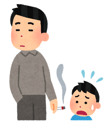 男性が手に持っている煙草が子供の顔付近にあたりそうになり汗ばむ子供のイラスト