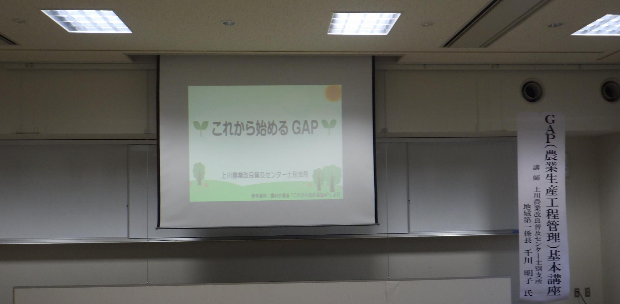 「これから始めるGAP」と書かれた表紙が映し出されたスクリーンをアップで撮影した写真