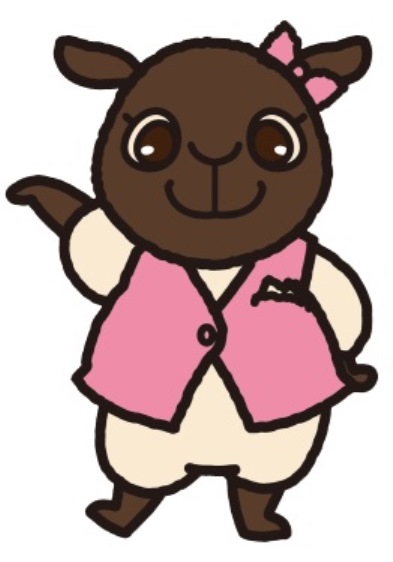 ピンク色のベストを着て左手を上にあげ、右手を腰に添えて立っているメイちゃんのイラスト