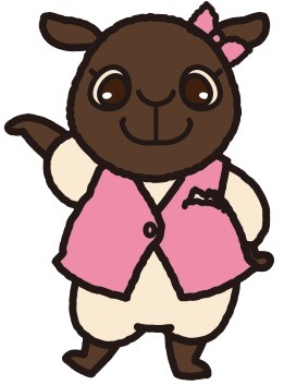ピンク色のベストを着て左手を上にあげ、右手を腰に添えて立っているメイちゃんのイラスト