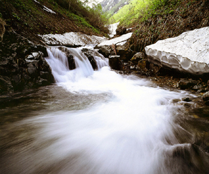 勢いよく川に流れ込む水で水しぶきがたち、水面が白くなっている写真