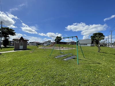 ブランコの横にうんていがある公園の写真