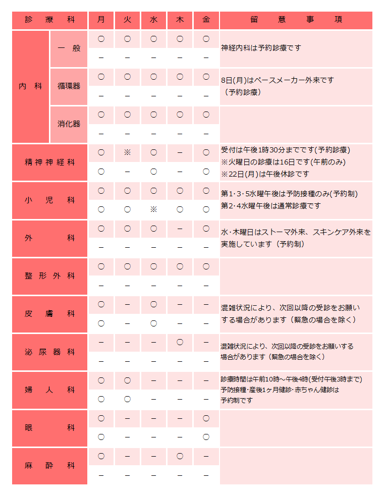 2026年6月外来診療表