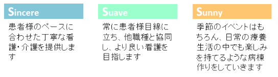 Sincere患者様のペースに合わせた丁寧な看護・介護を提供します Suave常に患者様目線に立ち、他職種と協同し、より良い看護を目指します Sunny季節のイベントはもちろん、日常の療養生活の中でも楽しみを持てるような病棟作りをしていきます