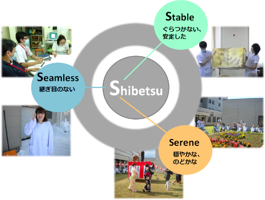 Seamless(継ぎ目のない)、Stable(ぐらつかない、安定した)、Serene(穏やかな、のどかな)の文字と、医療従事者の方々の業務中の様子を写した5枚の写真