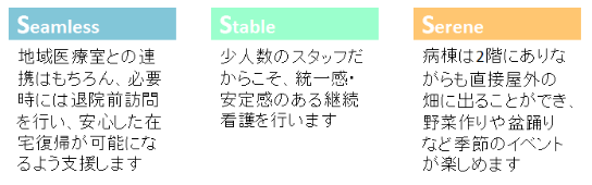 Seamless地域医療室との連携はもちろん、必要時には退院前訪問を行い、安心した在宅復帰が可能になるよう支援します Stable少人数のスタッフだからこそ、統一感・安定感のある継続看護を行います Serene病棟は2階にありながらも直接屋外の畑に出ることができ、野菜作りや盆踊りなど季節のイベントが楽しめます