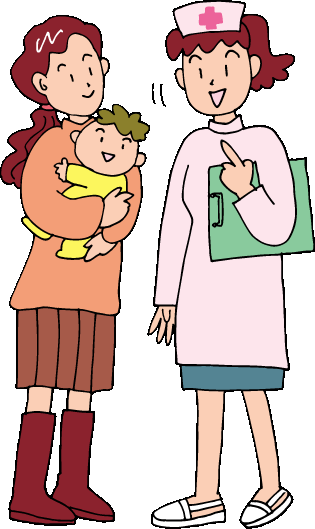 赤ちゃんを抱いた女性と、ナース服にナースキャップを被っている女性のイラスト