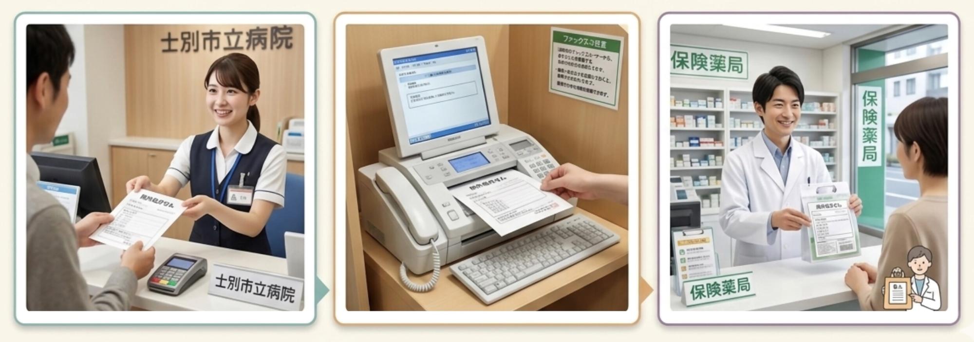 お薬のファックスコーナーでの手続きから薬局での薬の受け取りまでを表した図