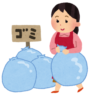 ごみ置き場に青色の袋を持ってごみ捨てに来た女性のイラスト