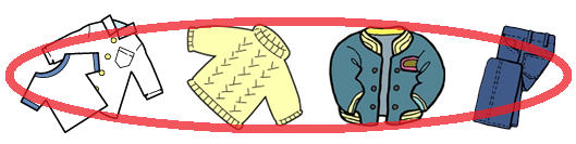 Tシャツ、Yシャツ、ジャンパー、Gパンなどの回収できるものに赤色で丸印が書かれているイラスト