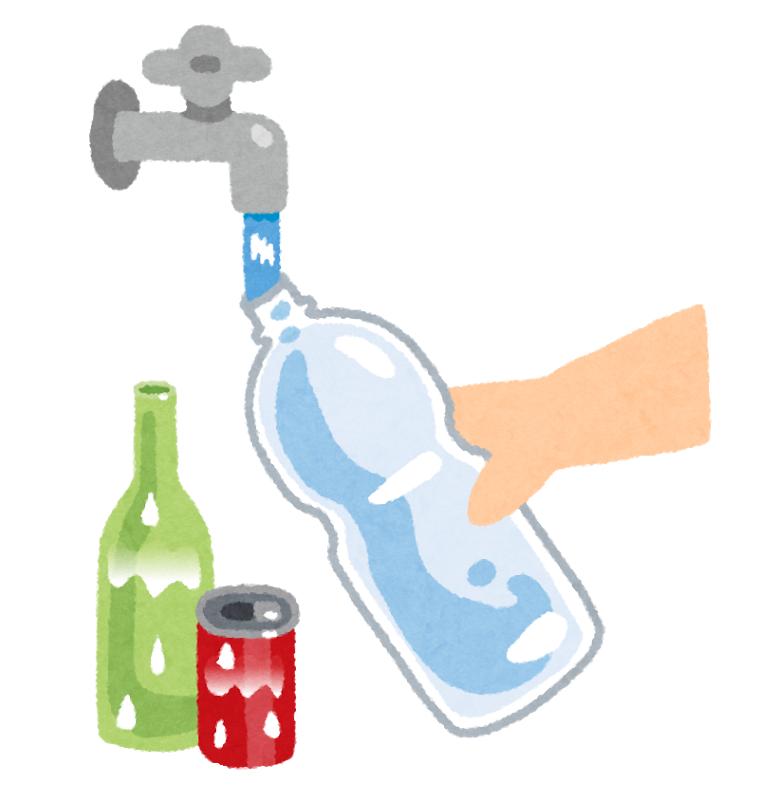 飲み終えたビンや空き缶、ペットボトルの中を水ですすいでいるイラスト