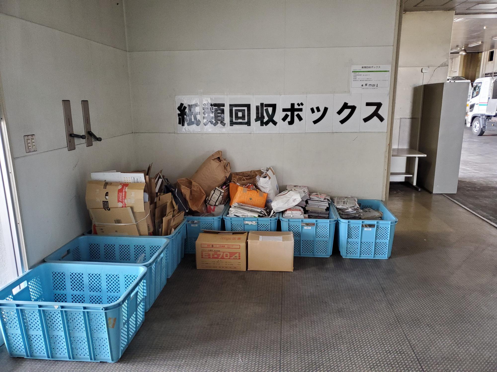 壁に大文字で「紙類回収ボックス」と貼られた下に設置された水色のかごに段ボールや新聞紙などが置かれている写真