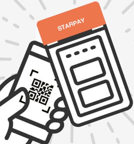 スマートフォンで表示されたQRコードの画面をstarpayの端末にかざしているイラスト