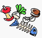 リンゴの芯や貝殻、卵の殻、焼き魚の骨などの生ごみのイラスト
