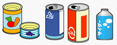 果物や加工品などが入っていた缶詰、サイダーやコーラなどの缶のイラスト