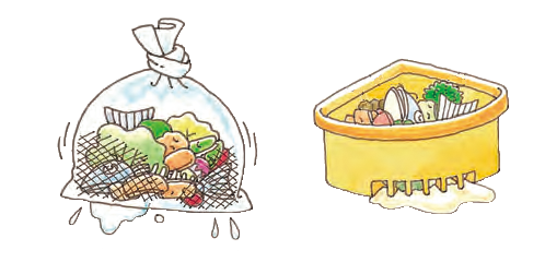 左:生ごみを入れたごみ袋の下から水切りされている、右:三角コーナーで水切りをしているイラスト