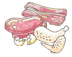 牛、豚、鶏肉や卵の殻などの畜産物のイラスト