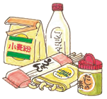 小麦粉、マヨネーズ、うどん、だしの素などのイラスト