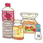 醤油や味噌、塩などの調味料のイラスト