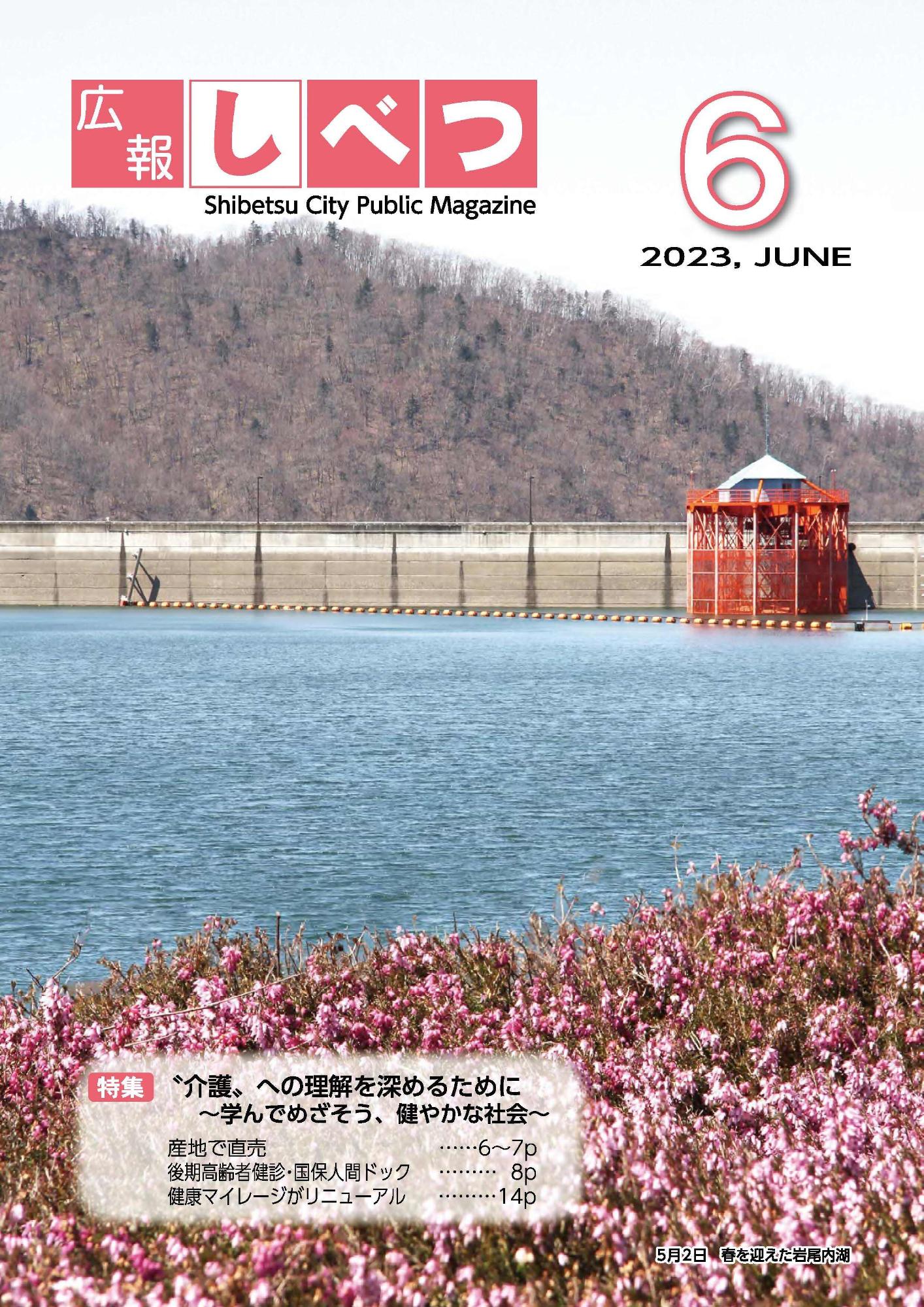 手前にピンク色の花が咲いている岩尾内湖の風景を用いた広報6月号の表紙