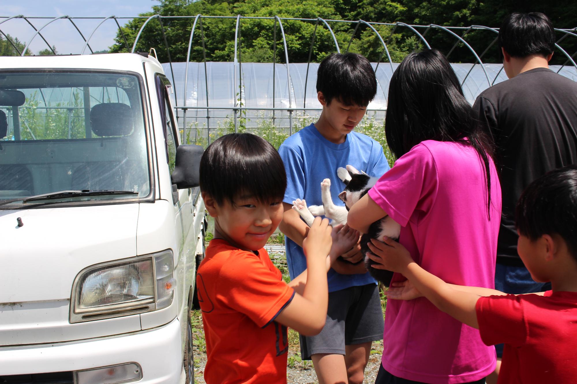 江崎さんご家族のお子さんたちが軽トラックの横で猫を抱きかかえている写真。