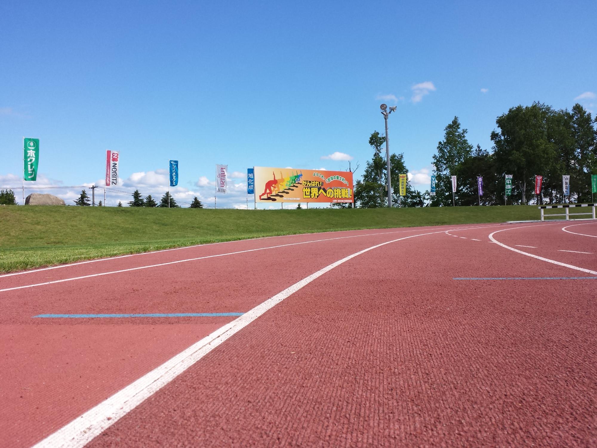 看板とたくさんののぼり旗が設置してある競技場の写真