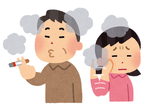 煙草を吸っている男性の横で困った表情の女性のイラスト