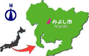 愛知県が位置する日本地図から愛知県が拡大で描かれ、みよし市の場所を示した位置図