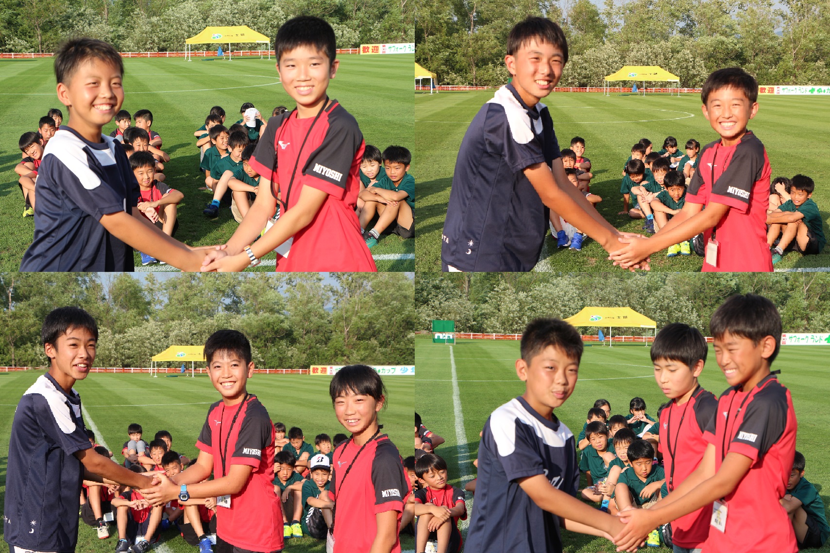 サッカー受入にてユニフォームを着た士別市とみよし市の子供たちが握手を交わしている4枚の写真