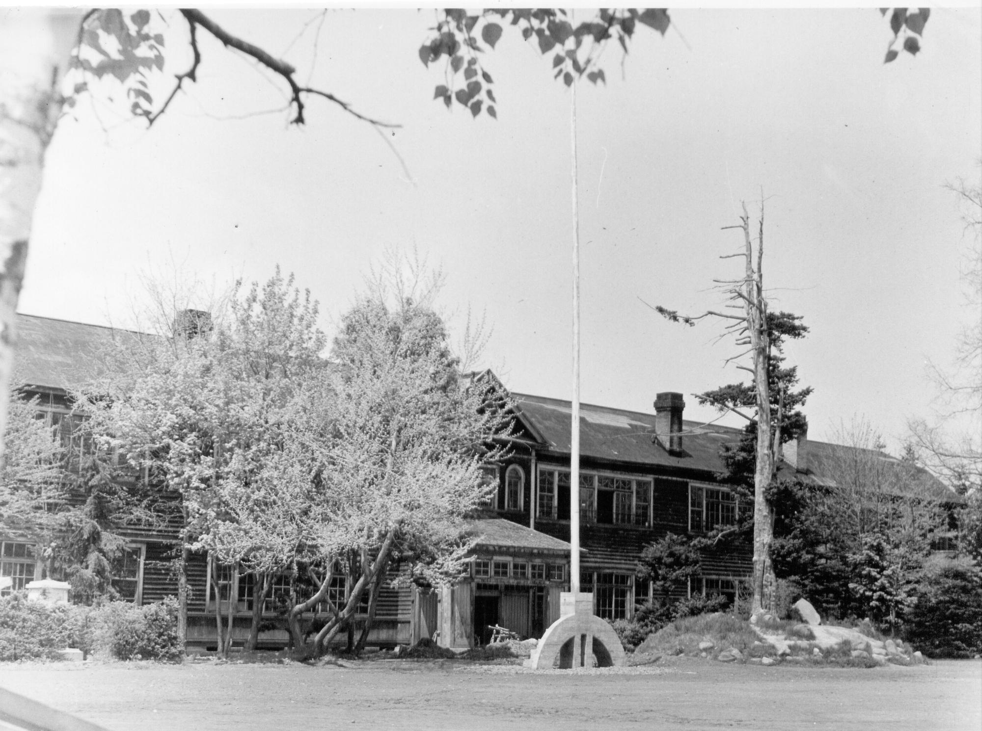 2階建ての校舎手前に沢山の木が立ち並ぶ昭和30年代の多寄小学校の白黒写真
