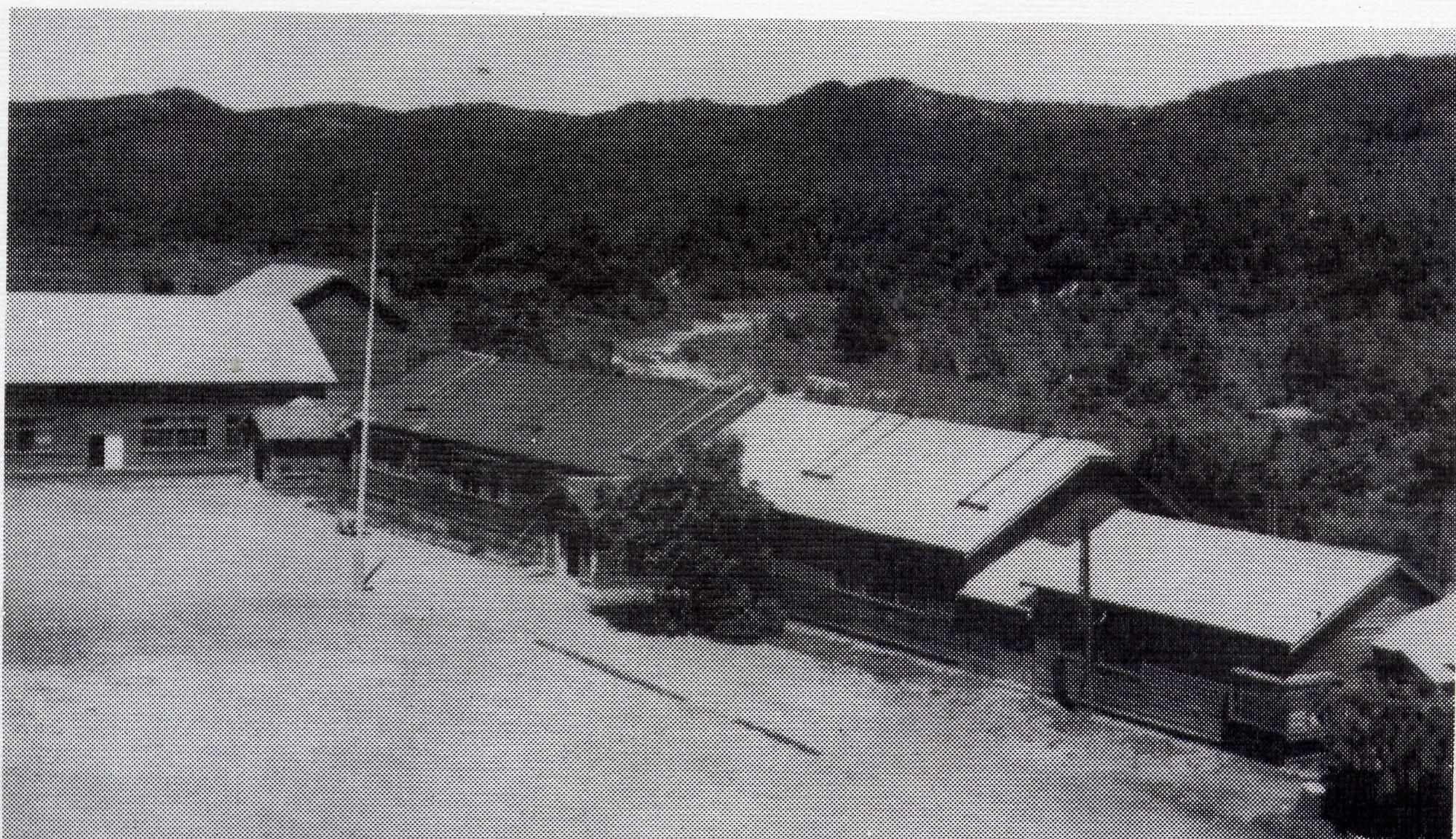 L字型に造られた昭和前半の旧白山小学校校舎を高台から撮影した白黒写真
