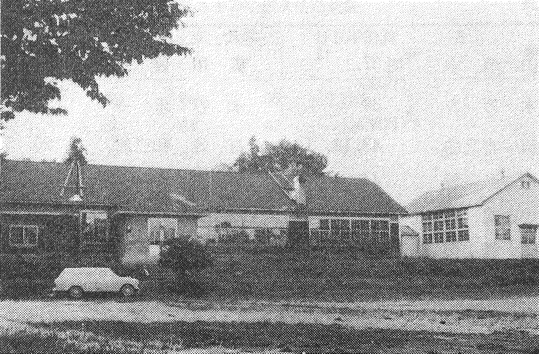 2棟の校舎の手前に小さな木が立っている東陽小学校校舎の白黒写真