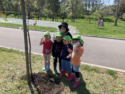 植樹した木の横でポーズをとる園児4名と保育士1名の写真