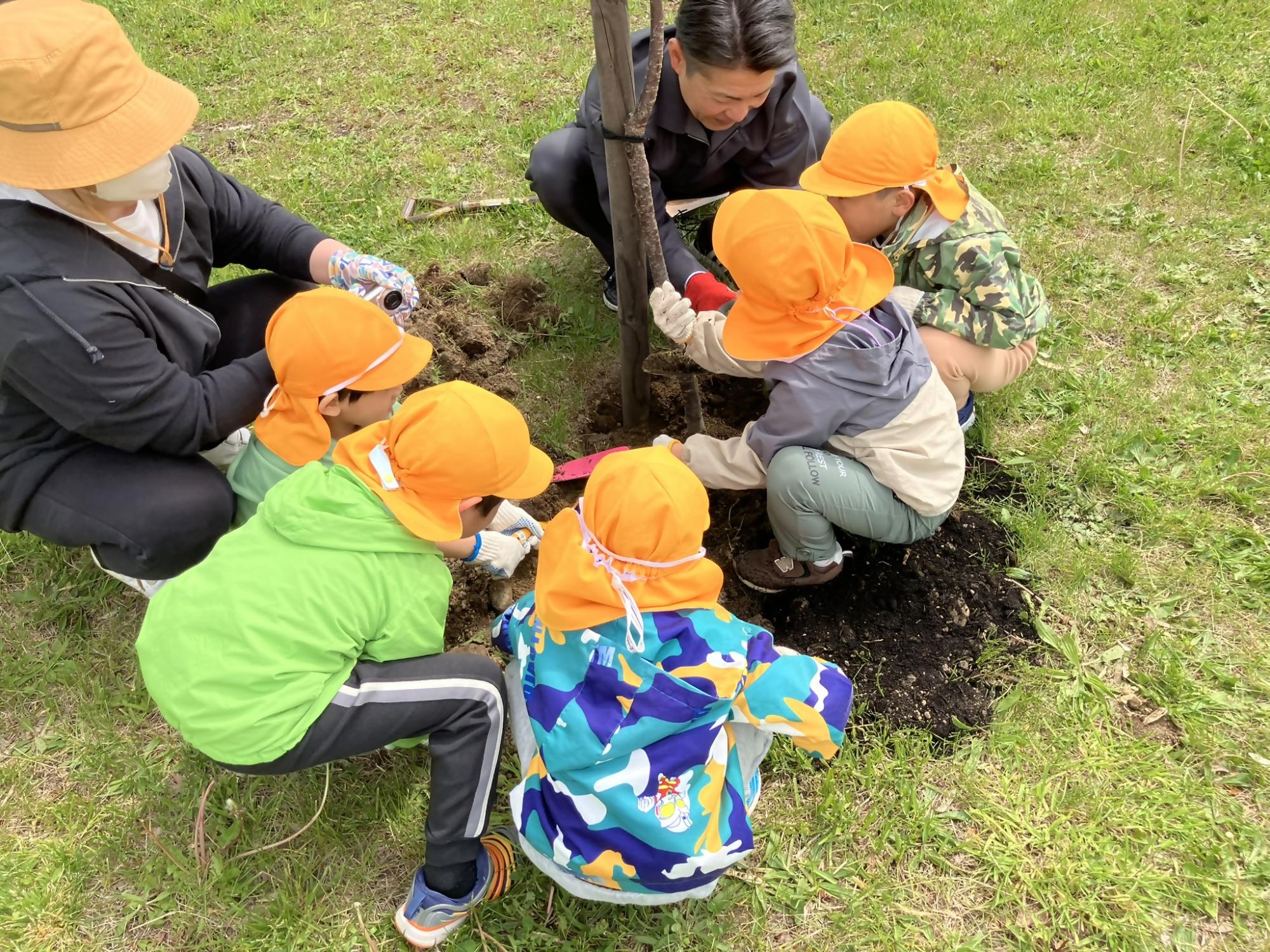 市長と一緒に植樹をする5名の園児たち