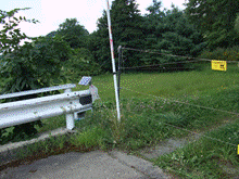 ガードレールの傍に立っている白色の棒からエゾ鹿簡易防護柵が設置されている写真