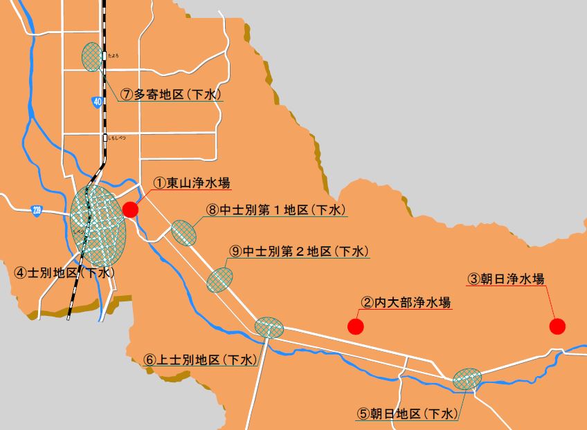 9つの上下水道施設の場所を示した地図