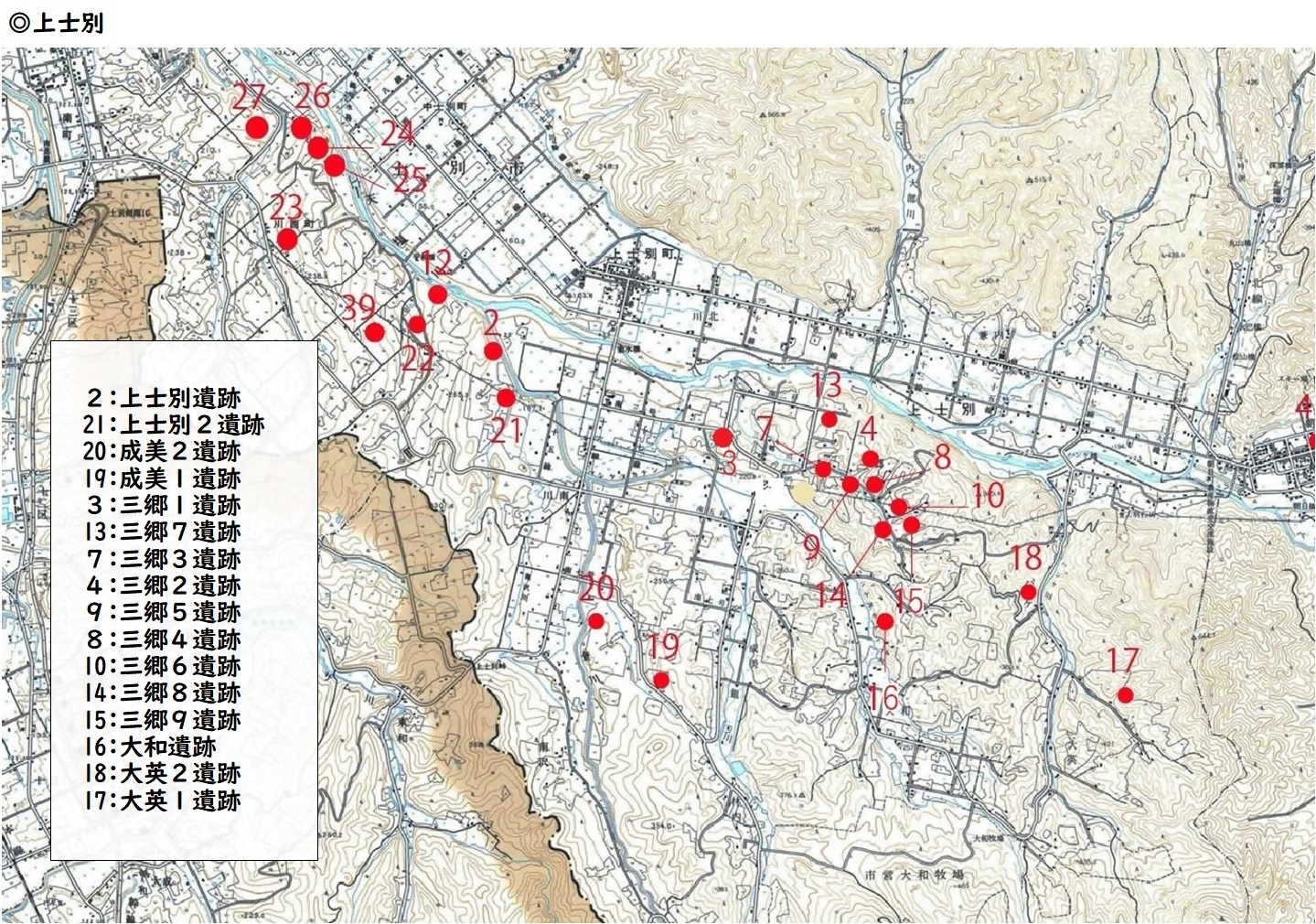 上士別地区の埋蔵文化財包蔵地分布図