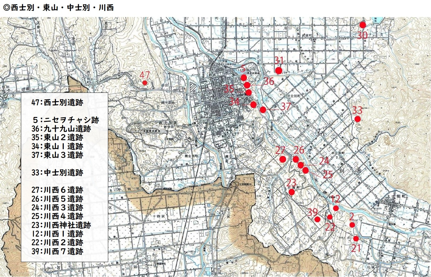 西士別地区、東山地区、中士別地区、川西地区の埋蔵文化財包蔵地分布図