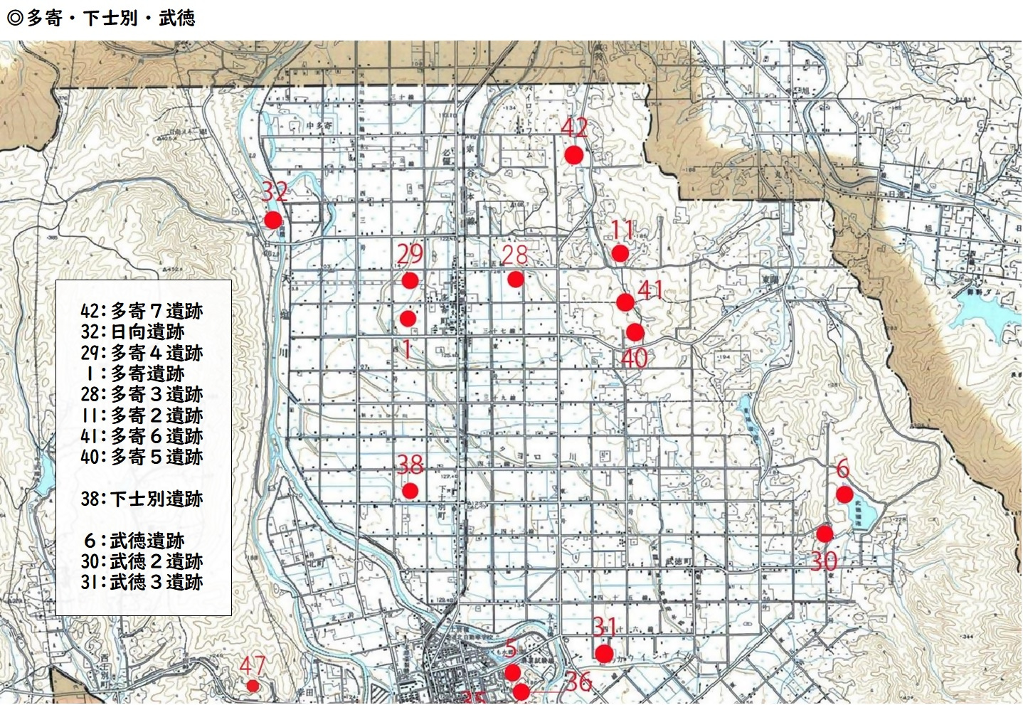 多寄地区、下士別地区、武徳地区の埋蔵文化財包蔵地分布図