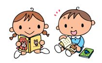 絵本を読んでいる男の子と女の子のイラスト