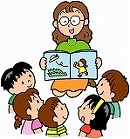 絵本の読み聞かせをしている女性と、周りに集まっている5名の子どものイラスト