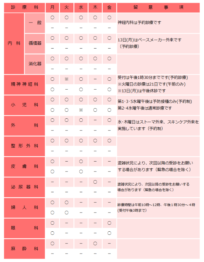 2026年7月外来診療表